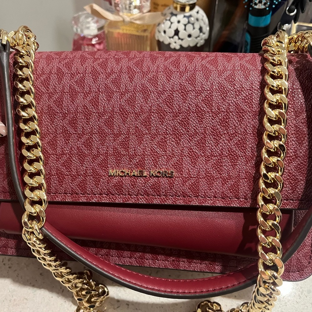 Michael Kors Wine Red Shoulder Bag with Gold Chain